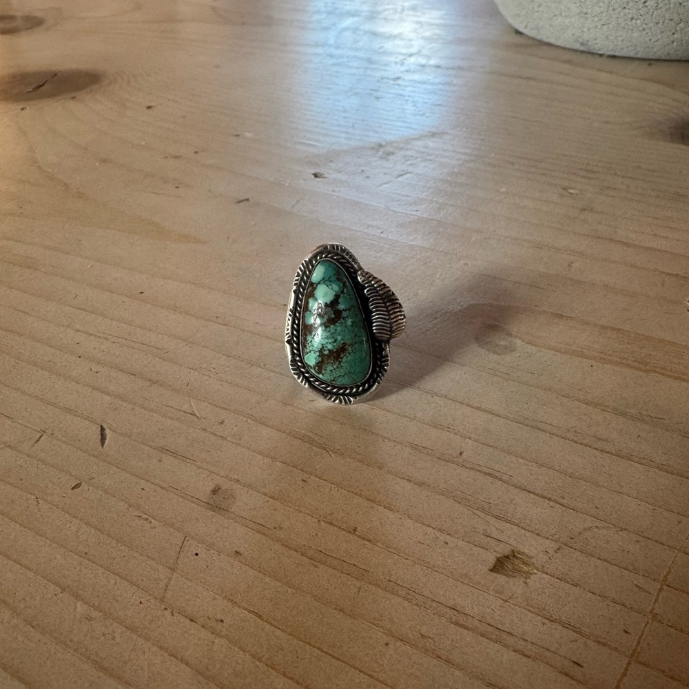 Silver Feather Turquoise Ring // Size 6